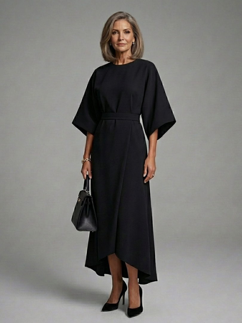 Bella | Waist Defined Cape Sleeve Asymmetric Midi Dress