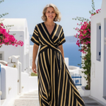 Dormae | Short Sleeve V Neck Striped Wrap Midi Dress