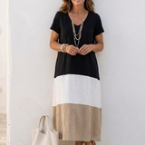 Milra | Short Sleeve Color Block V Neck Midi Dress