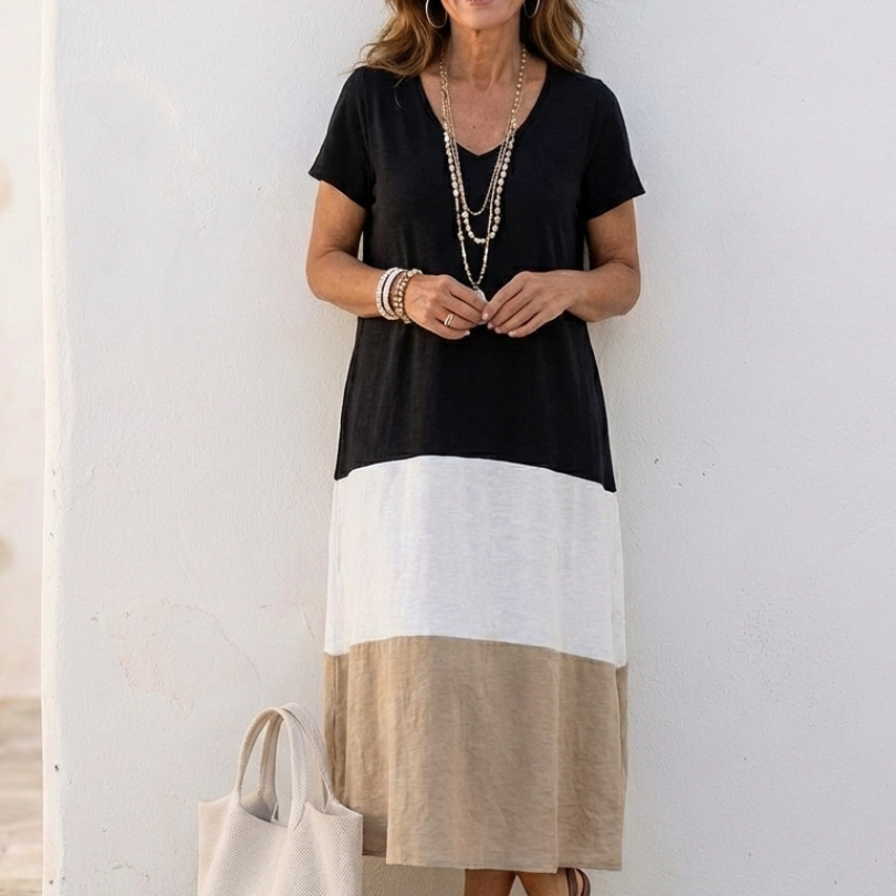 Milra | Short Sleeve Color Block V Neck Midi Dress