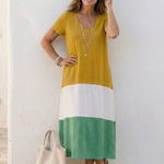 Milra | Short Sleeve Color Block V Neck Midi Dress