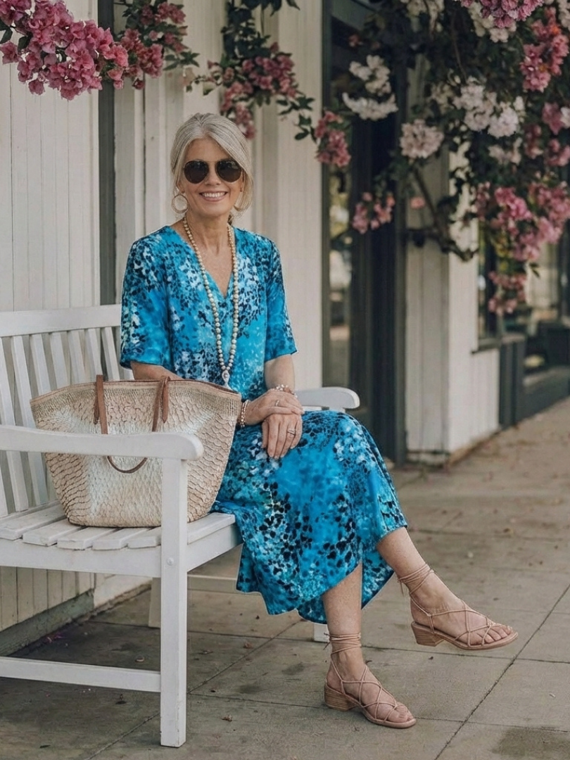 Sennamae | Short Sleeve V Neck Printed Midi Dress