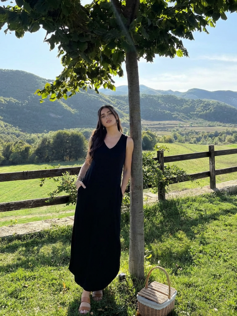 Liorada | Sleeveless V Neck Pocket Maxi Dress