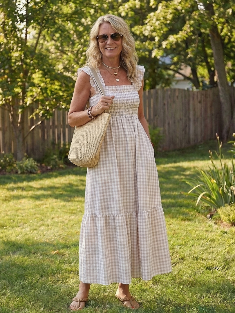 Liorana | Flutter Sleeve Smocked Gingham Maxi Dress