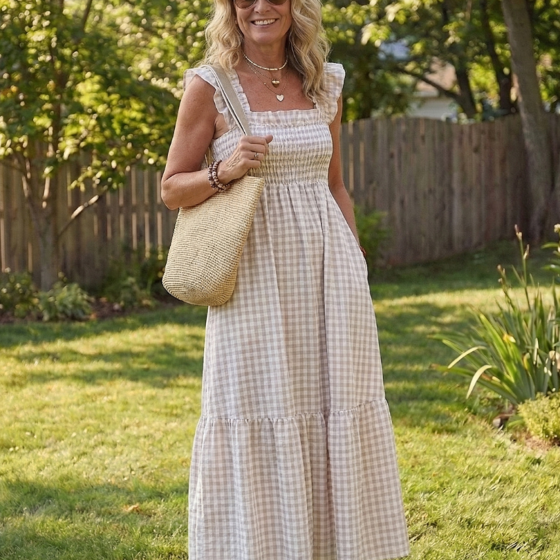 Liorana | Flutter Sleeve Smocked Gingham Maxi Dress