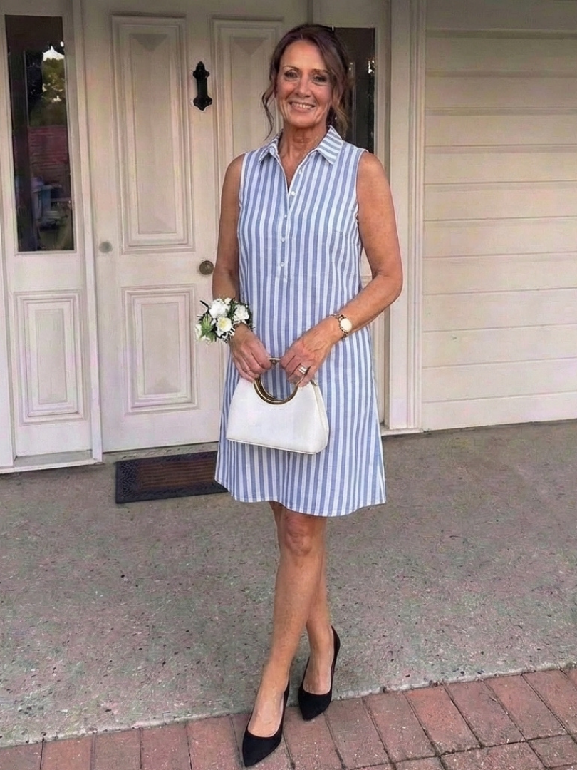 Rosbelle | Sleeveless Striped Button Front Shirt Dress