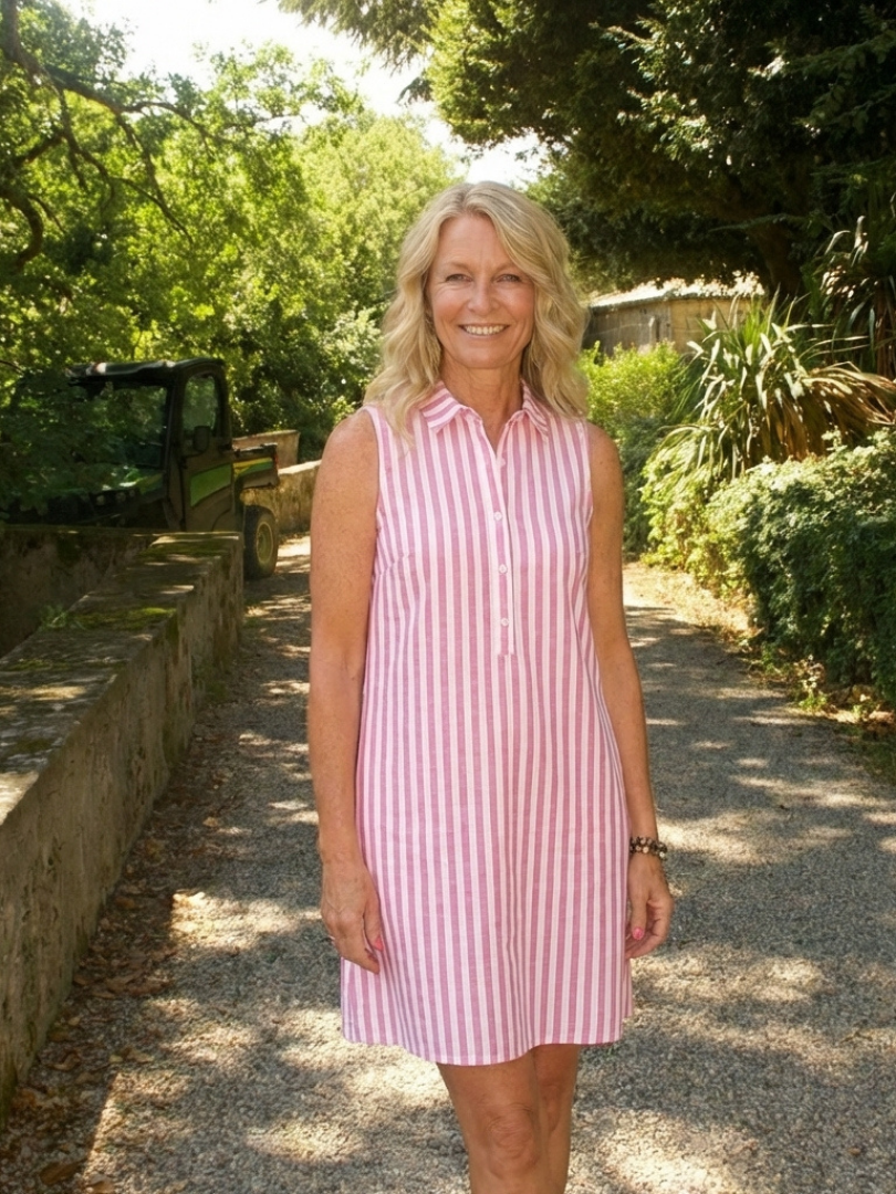 Rosbelle | Sleeveless Striped Button Front Shirt Dress