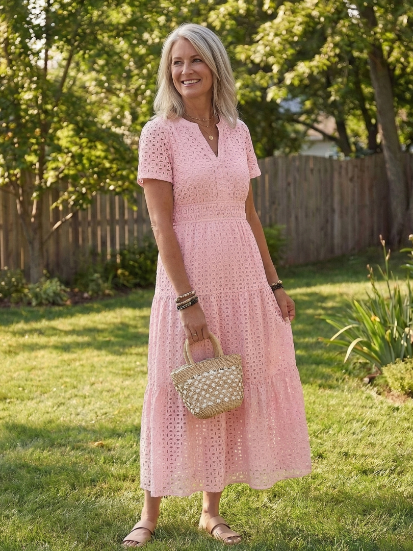 Lilada | Short Sleeve Eyelet Tiered Midi Dress