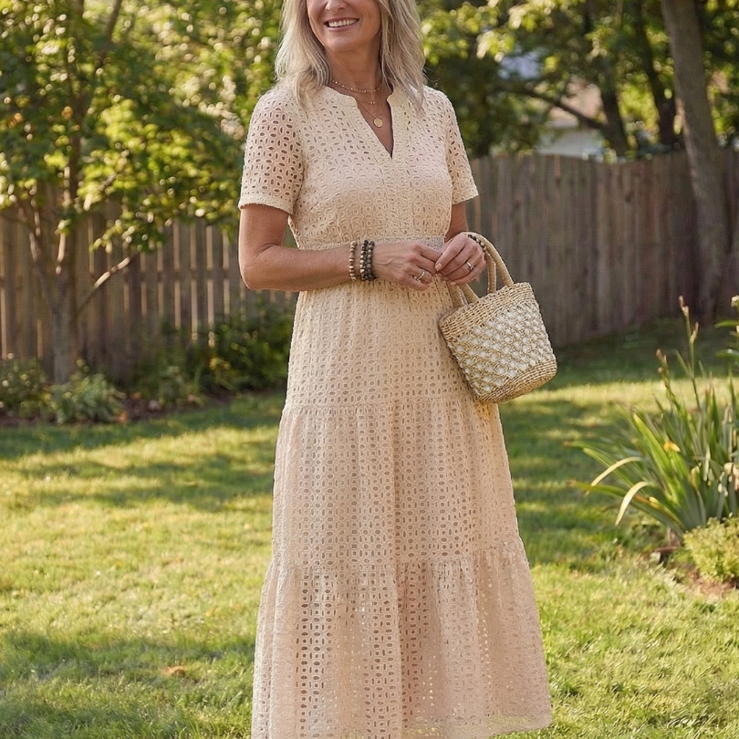 Lilada | Short Sleeve Eyelet Tiered Midi Dress