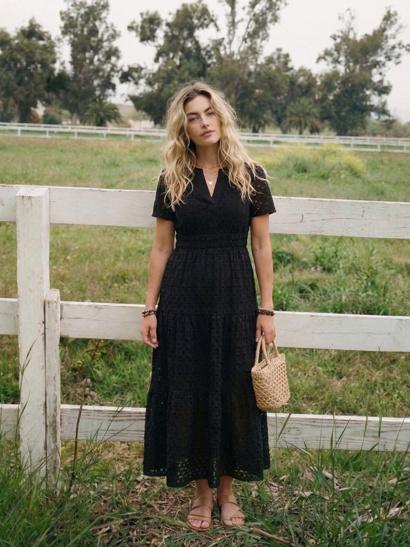 Lilada | Short Sleeve Eyelet Tiered Midi Dress