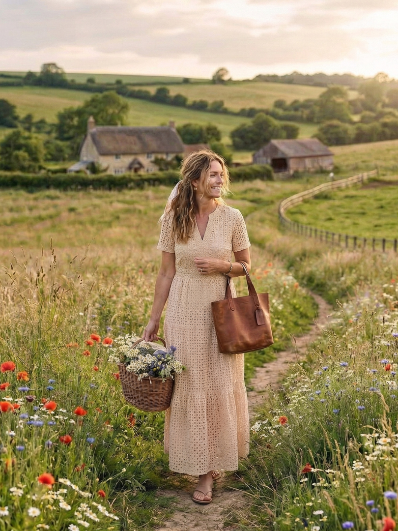 Lilada | Short Sleeve Eyelet Tiered Midi Dress