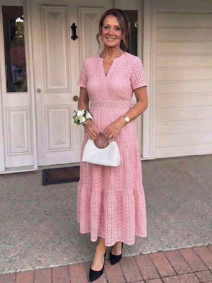 Lilada | Short Sleeve Eyelet Tiered Midi Dress