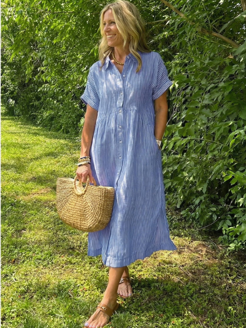 Miletta | Short Sleeve Button Front Striped Midi Dress