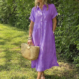 Miletta | Short Sleeve Button Front Striped Midi Dress