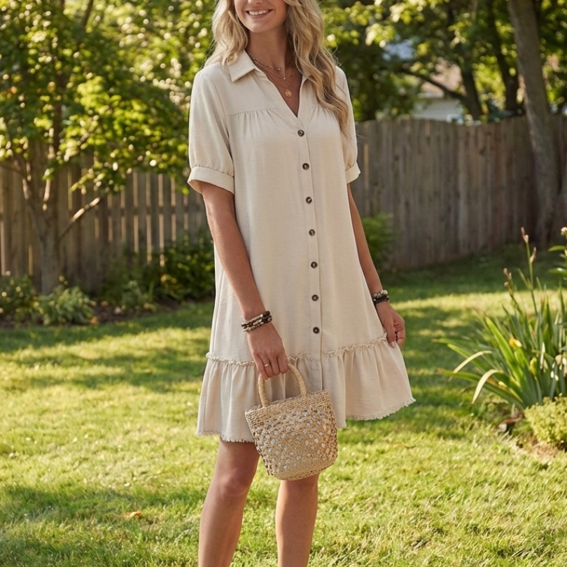 Surinia | Short Sleeve Button Front Ruffle Hem Dress