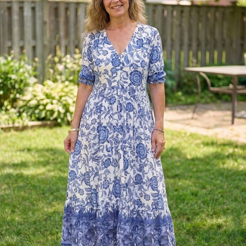 Miralyn | Short Sleeve V Neck Floral Midi Dress