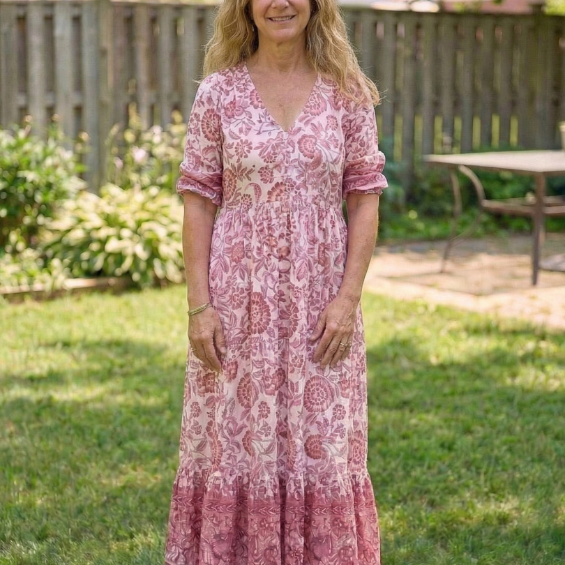 Miralyn | Short Sleeve V Neck Floral Midi Dress