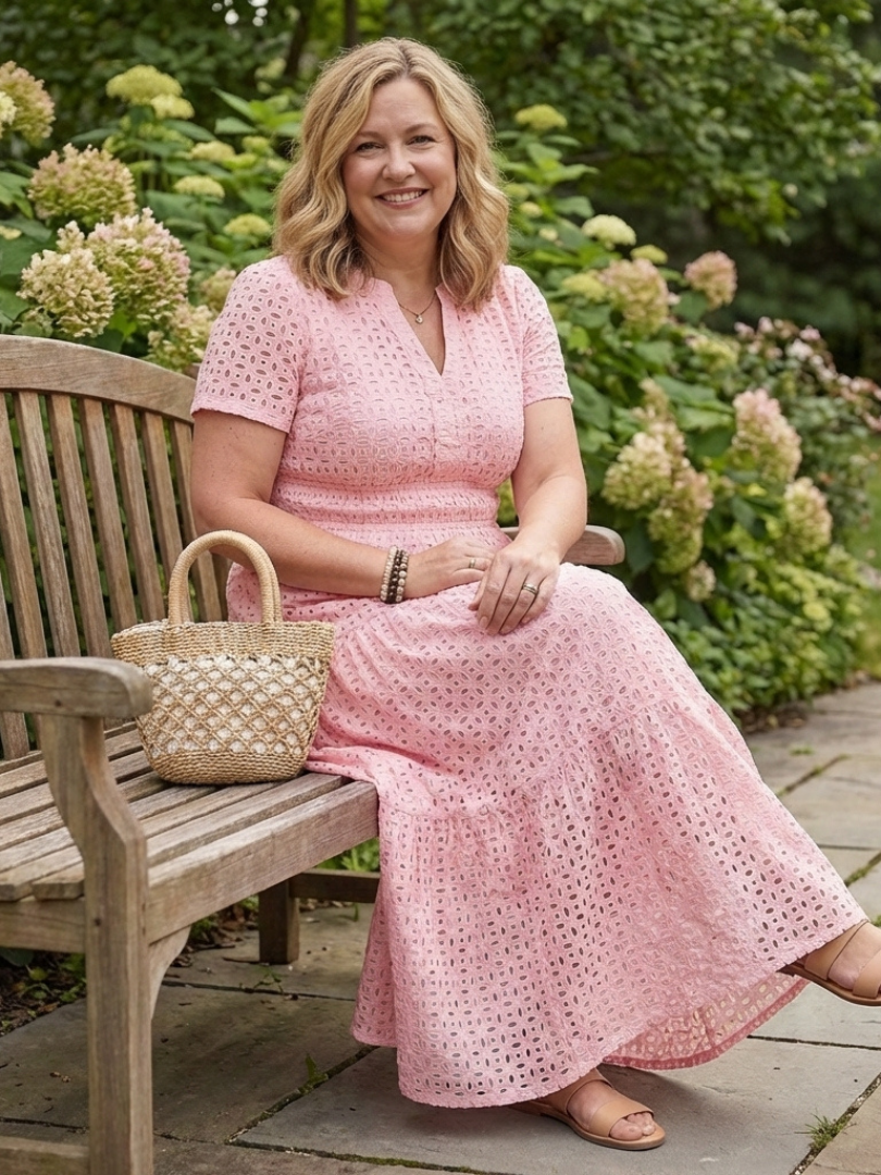 Lilada | Short Sleeve Eyelet Tiered Midi Dress