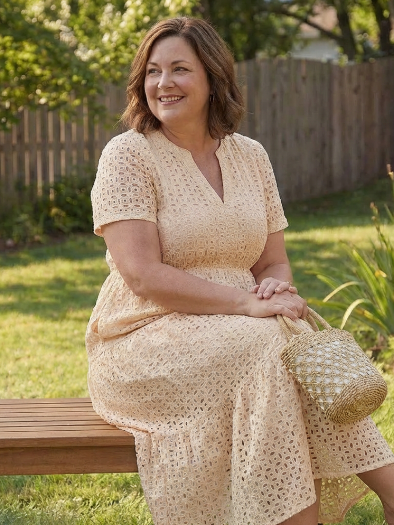 Lilada | Short Sleeve Eyelet Tiered Midi Dress
