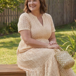 Lilada | Short Sleeve Eyelet Tiered Midi Dress