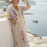 Verenada | V Neck Half Sleeve Striped Floral Maxi Dress