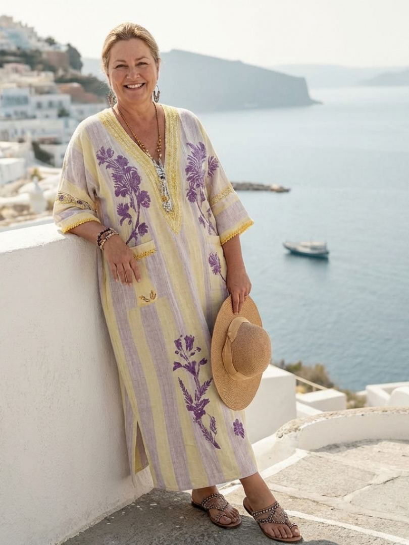 Verenada | V Neck Half Sleeve Striped Floral Maxi Dress