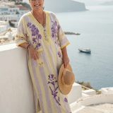 Verenada | V Neck Half Sleeve Striped Floral Maxi Dress
