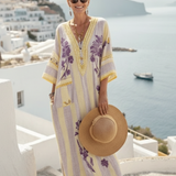 Verenada | V Neck Half Sleeve Striped Floral Maxi Dress