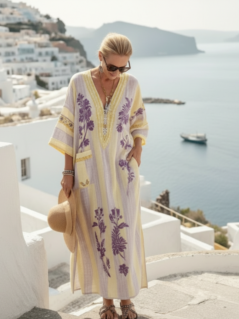 Verenada | V Neck Half Sleeve Striped Floral Maxi Dress