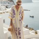 Verenada | V Neck Half Sleeve Striped Floral Maxi Dress