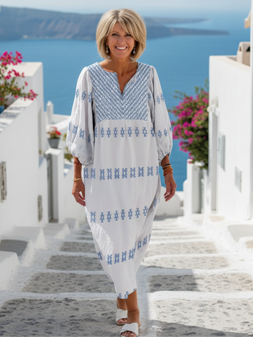 Camdra | V Neck Long Sleeve Embroidered Maxi Dress