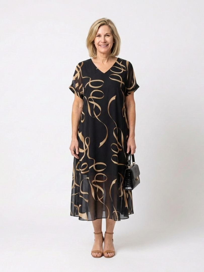 Verna | V Neck Short Sleeve Midi Dress Abstract Print