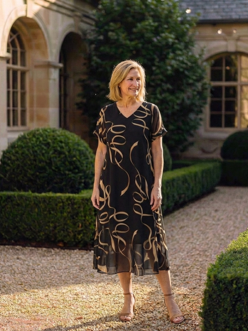 Verna | V Neck Short Sleeve Midi Dress Abstract Print