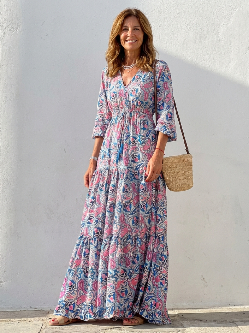 Fiorina | Long Sleeve V Neck Bohemian Maxi Dress
