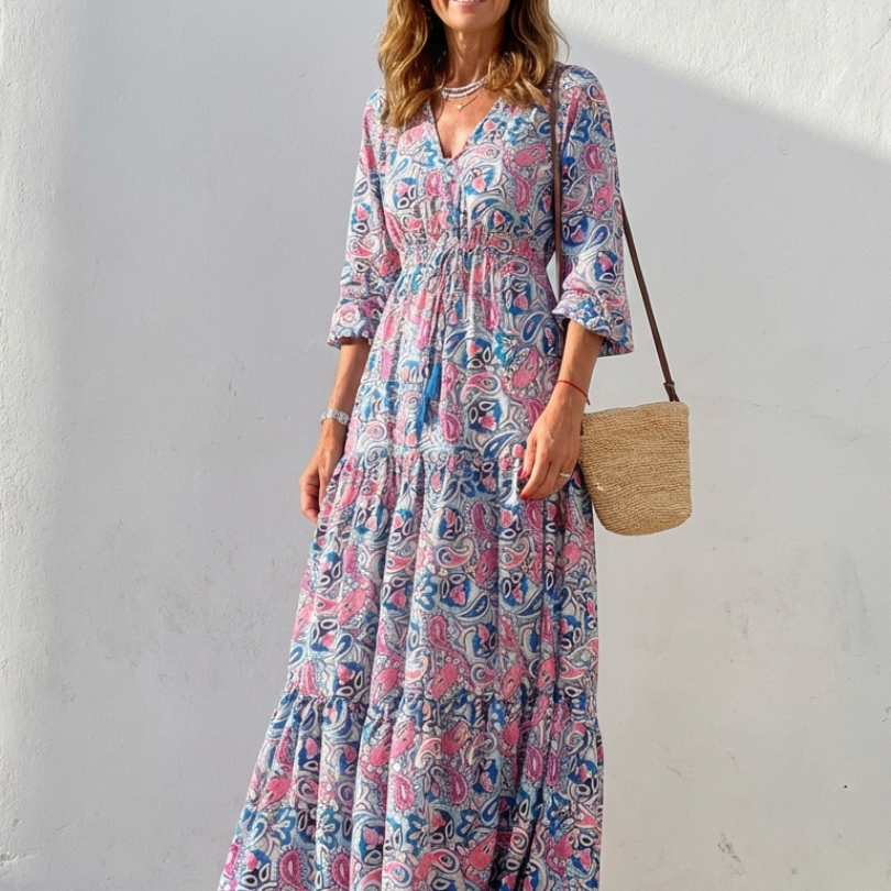 Fiorina | Long Sleeve V Neck Bohemian Maxi Dress