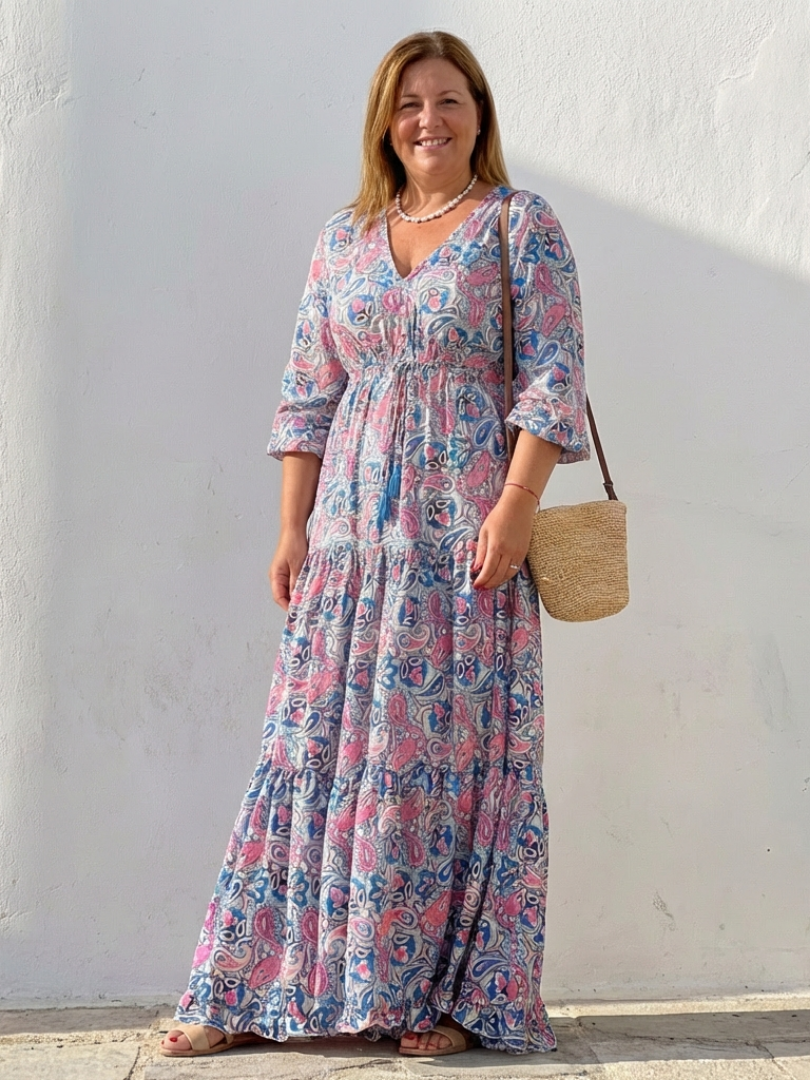 Fiorina | Long Sleeve V Neck Bohemian Maxi Dress