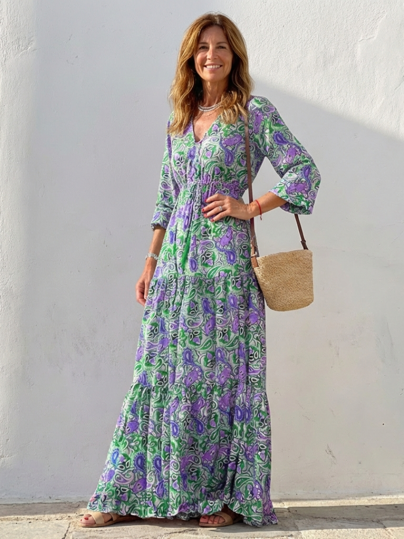 Fiorina | Long Sleeve V Neck Bohemian Maxi Dress