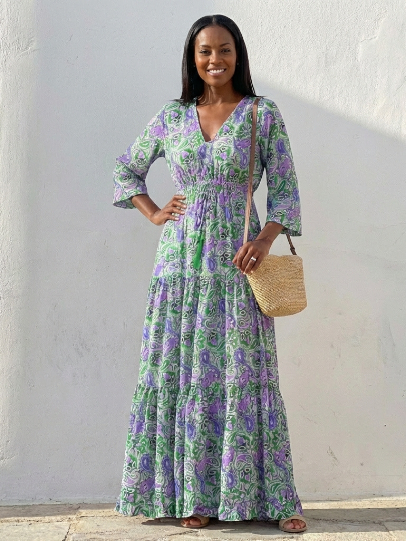 Fiorina | Long Sleeve V Neck Bohemian Maxi Dress