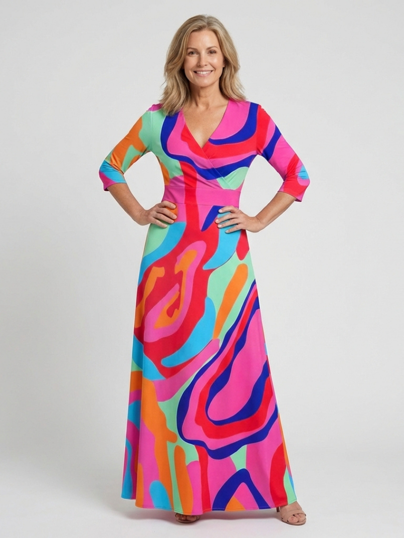 Casetta | Three Quarter Sleeve V Neck Abstract Maxi Dress