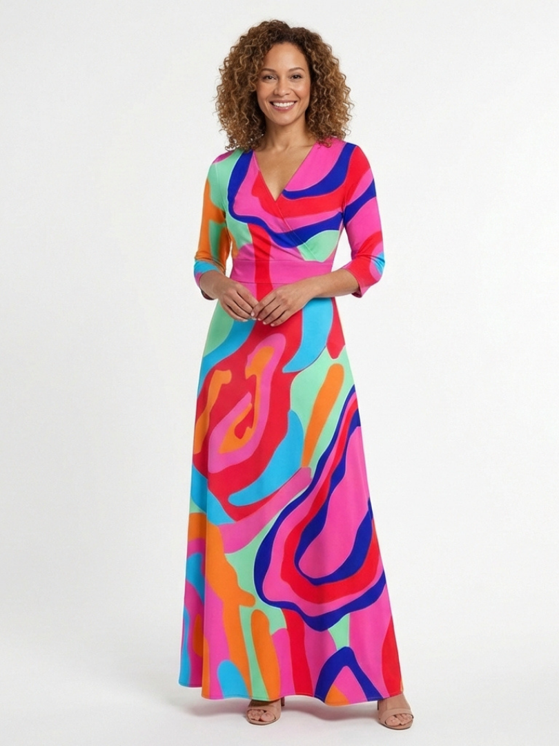 Casetta | Three Quarter Sleeve V Neck Abstract Maxi Dress