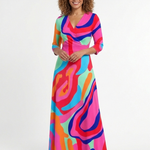 Casetta | Three Quarter Sleeve V Neck Abstract Maxi Dress