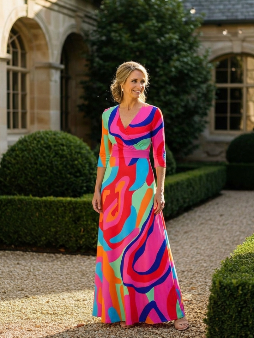 Casetta | Three Quarter Sleeve V Neck Abstract Maxi Dress