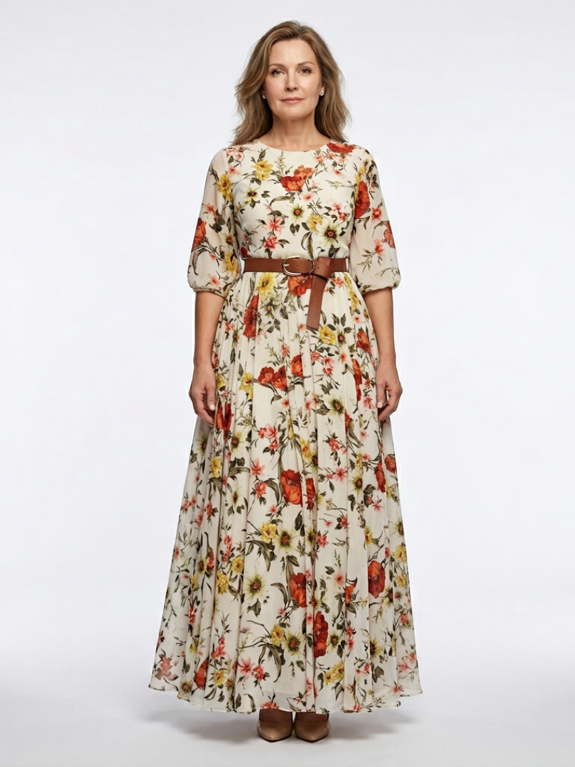 Camlyn | Round Neck Three Quarter Sleeve Belted Maxi Dress