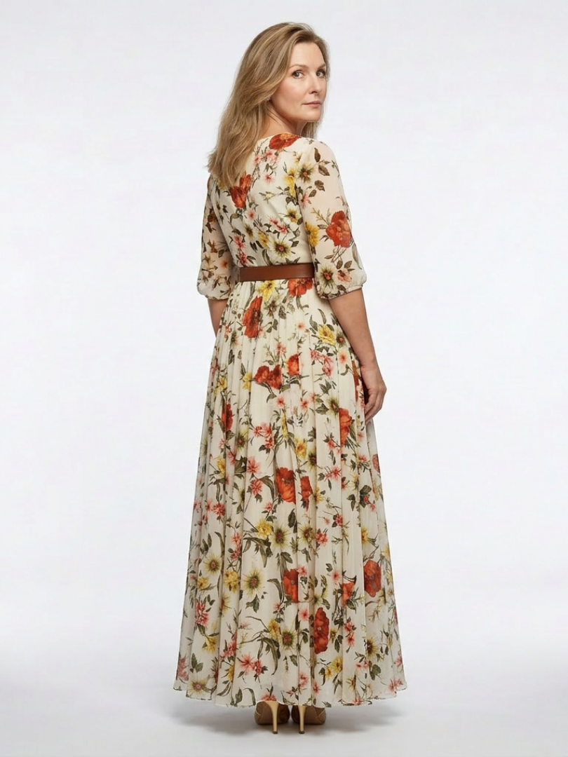 Camlyn | Round Neck Three Quarter Sleeve Belted Maxi Dress