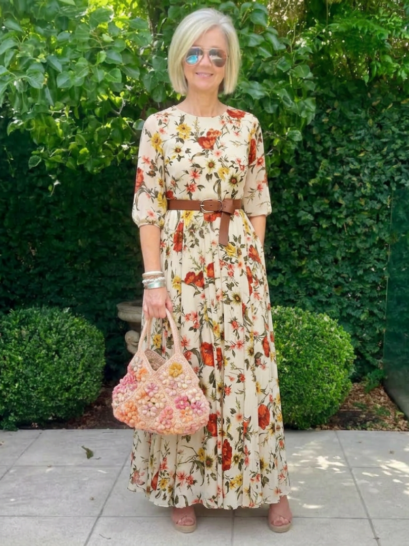 Camlyn | Round Neck Three Quarter Sleeve Belted Maxi Dress