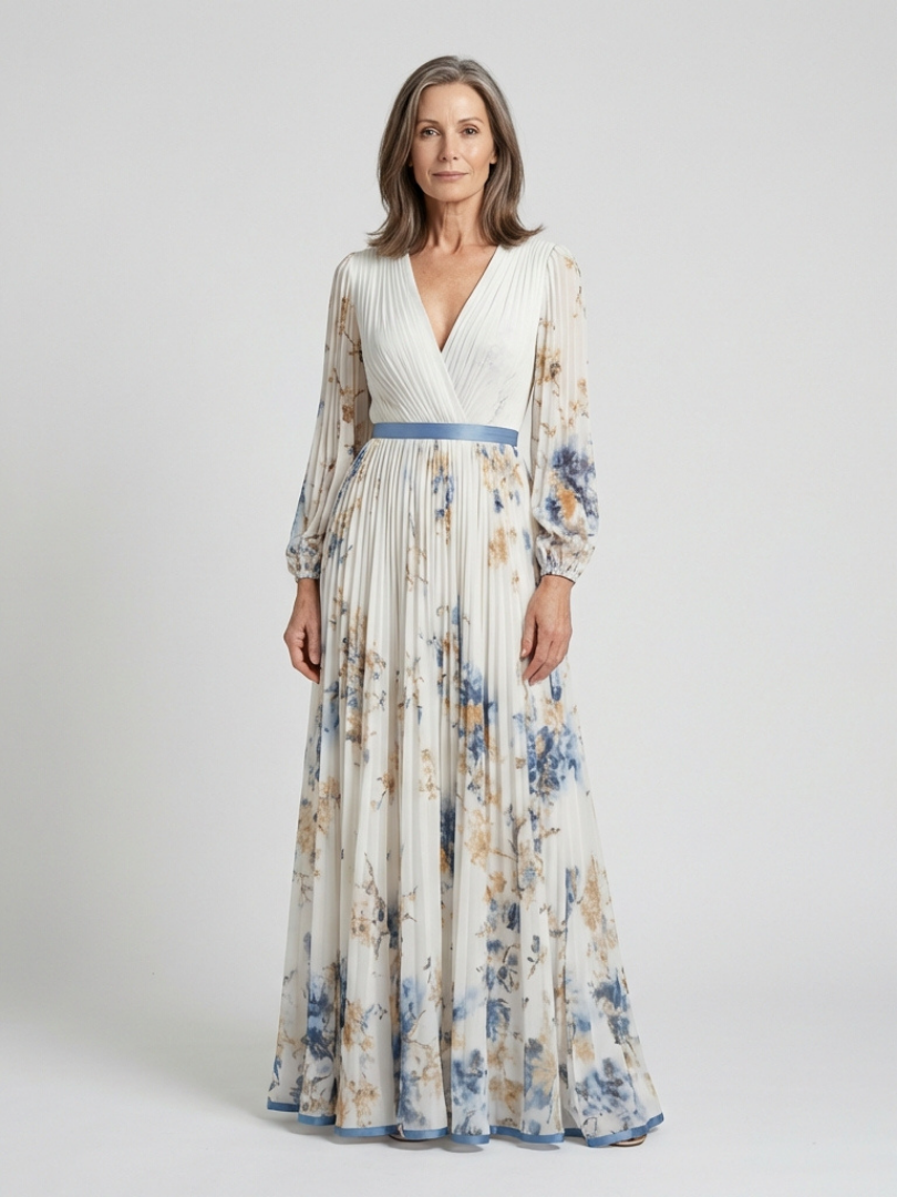 Noramarie | Long Sleeve V Neck Floral Maxi Dress