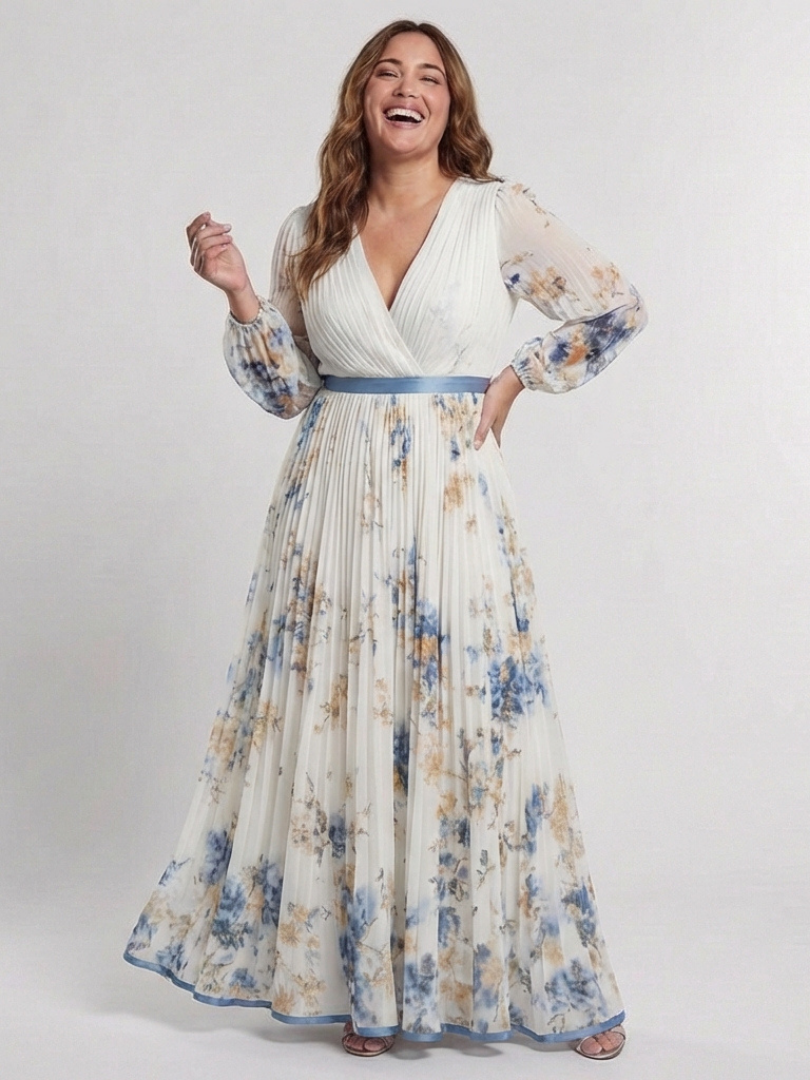Noramarie | Long Sleeve V Neck Floral Maxi Dress