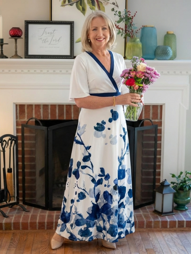 Doretta | V Neck Short Sleeve Floral Maxi Dress