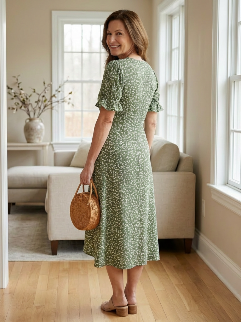 Lialia | Short Sleeve V Neck Floral Midi Dress