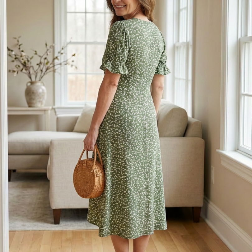 Lialia | Short Sleeve V Neck Floral Midi Dress